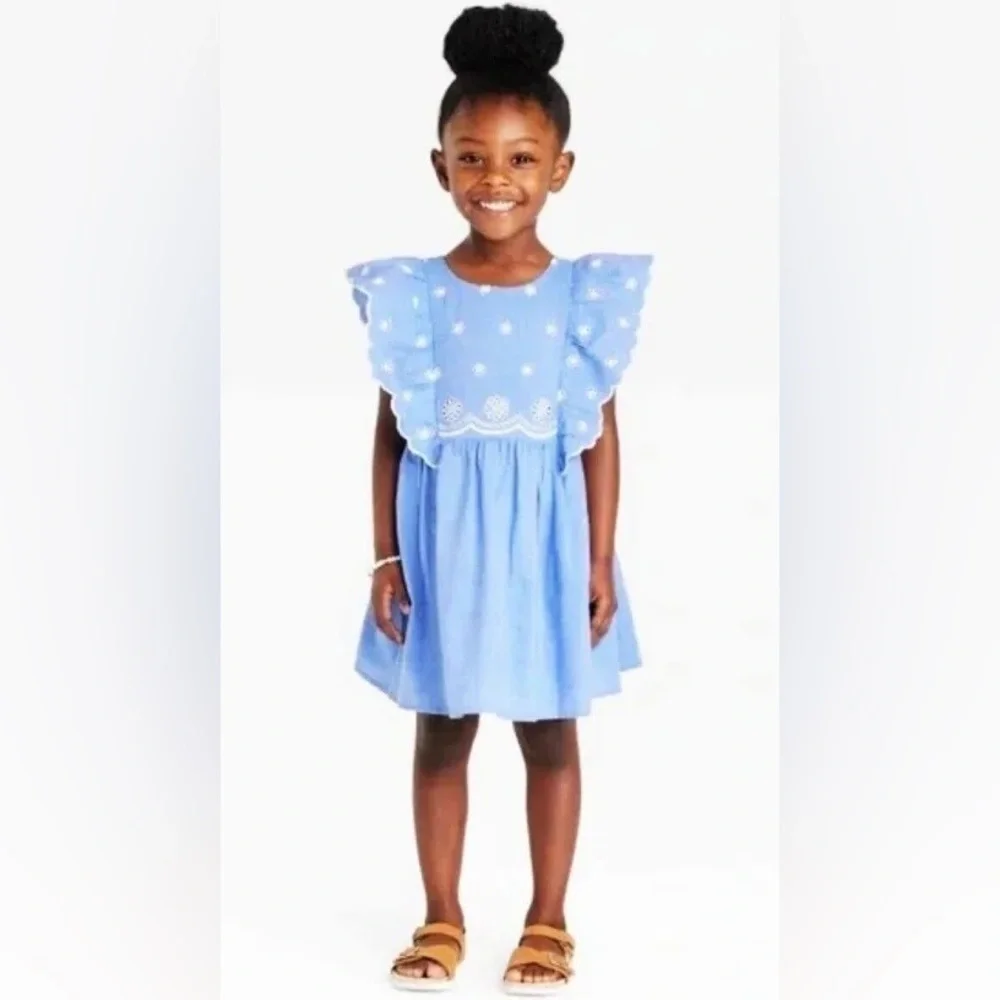 Cat & Jack Girls' Chambray Lace Dress Blue W/ White Floral Embroidery 3t nwot